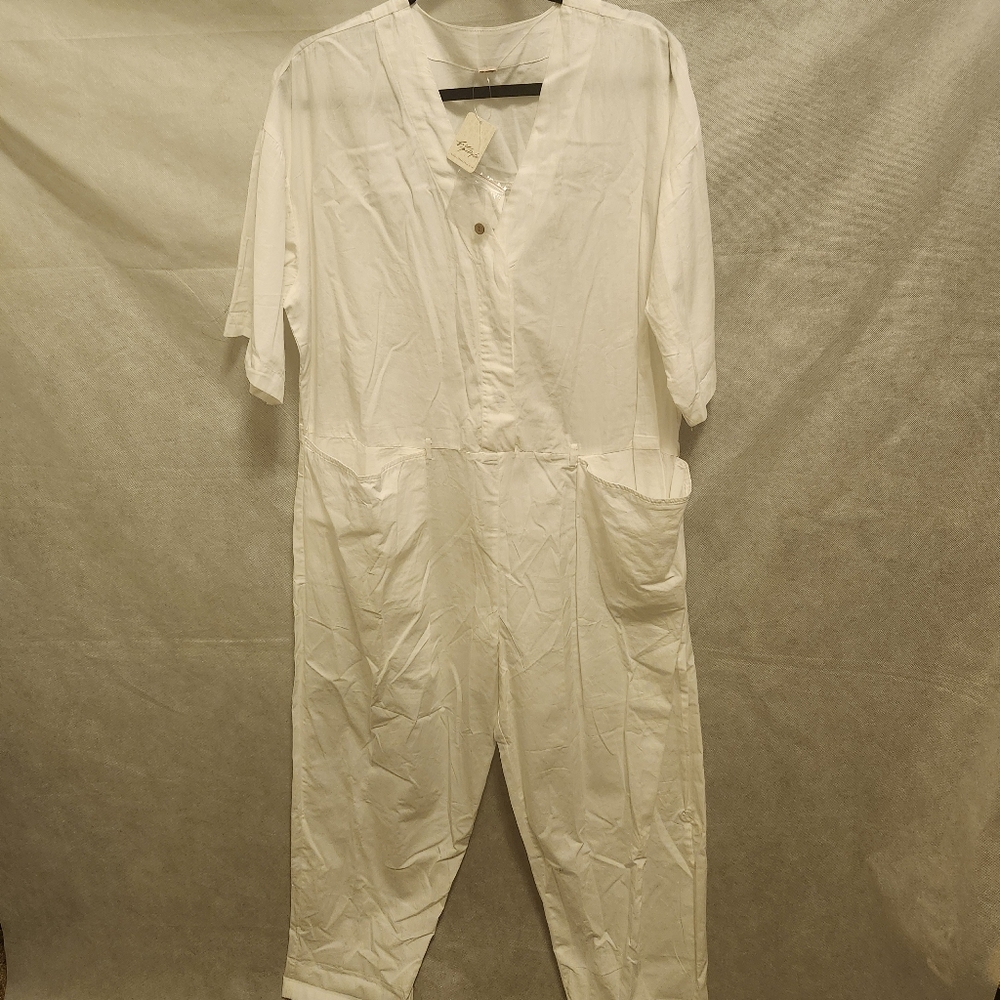 Free People White V-Neck Short Sleeve Jumpsuit